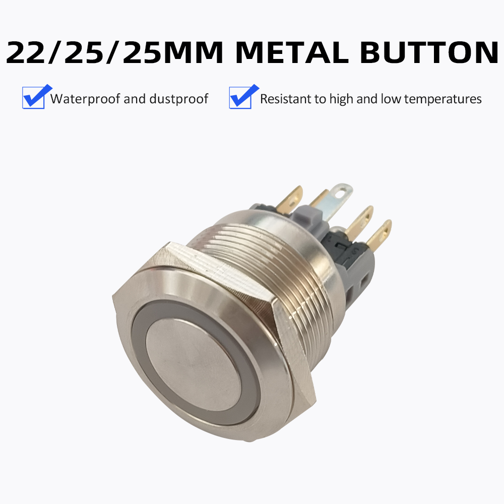 22mm Stainless Steel Metal Push Button Switch, IP65 Waterproof LED Illuminated Momentary Latching Button, High & Low Temperature Resistant