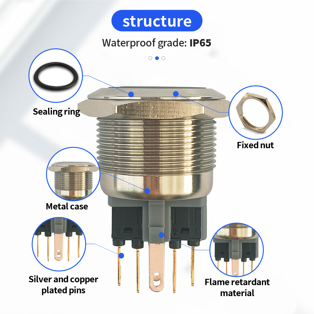 22mm Stainless Steel Metal Push Button Switch, IP65 Waterproof LED Illuminated Momentary Latching Button, High & Low Temperature Resistant