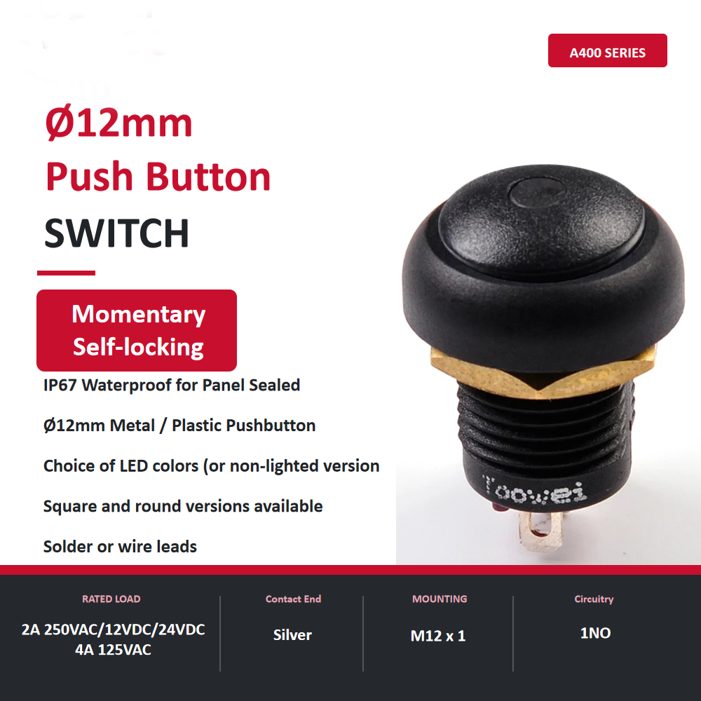 12mm IP67 Waterproof Push Button Switch, Momentary & Self-Locking, 1NO, LED Optional