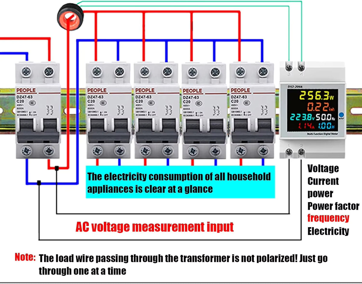 D52-2066 Energy Meter Din Rail Electricity Usage Monitor AC 40-300V 100A Voltmeter Ammeter Watt Kwh Frequency Power Meter